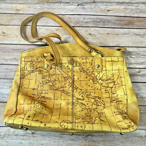 Patricia Nash Womens Yellow Leather Map Handbag Double Strap Purse Tote